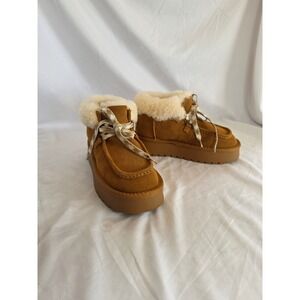 Beau Today Tan Suede Platform Ankle Boots Shearling Trim Moc Toe Lug Sole Sz 37